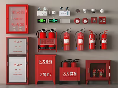 Fire Equipment Including Hydrants Extinguishers Cabinets Smoke Detectors And Emergency Buttons 3d model