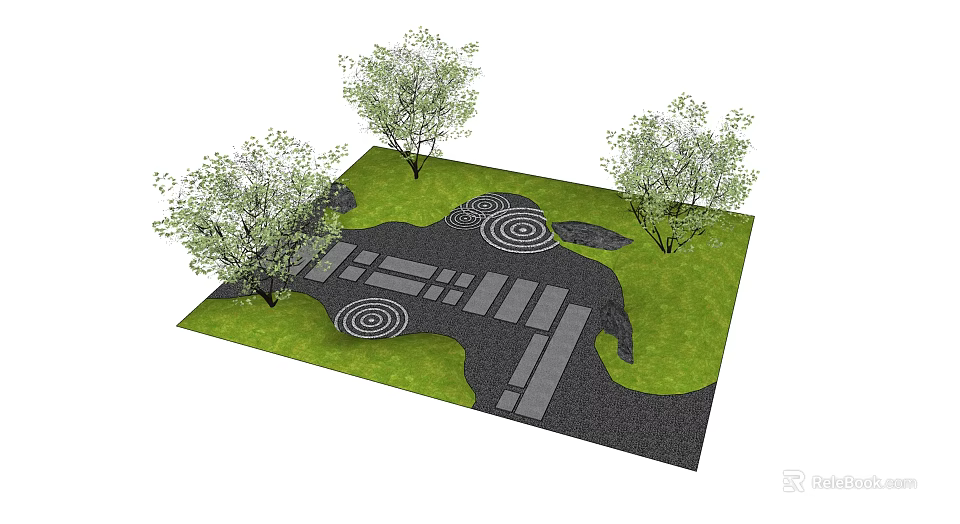 Karesansui Dry Landscape Garden Design With Green Grass Trees And Circular Patterns 3d model 