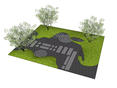 Karesansui Dry Landscape Garden Design With Green Grass Trees And Circular Patterns 3d model