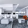 Modern Public Office Space With Open Layout Desks Computers Hanging Lights Sofas And Orange Chair 3d model
