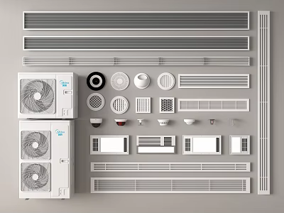 Display of Various Air Conditioner Vents with Outdoor Units and Accessories 3d model