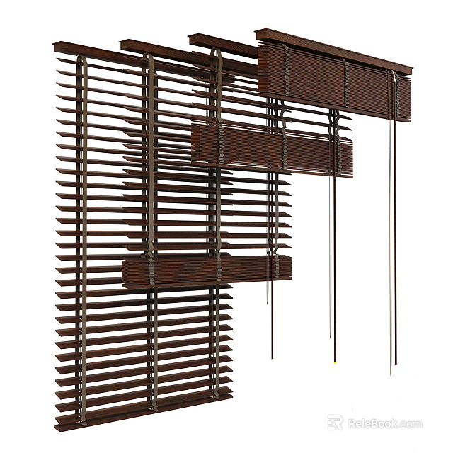 Dark Brown Vertical Wooden Blinds with Layered Design and Metal Hanging Rods 3d model 