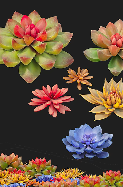 Colorful Succulent Plants With Rosette Shapes And Vibrant Red Green Yellow Blue Hues 3d model