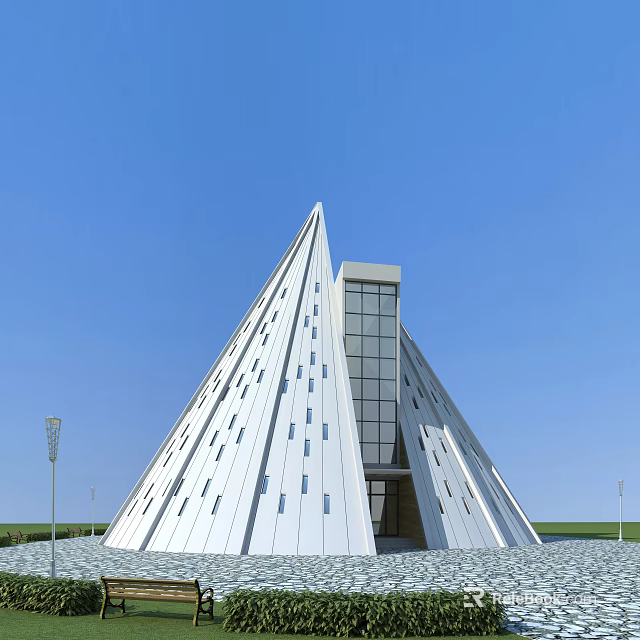 Modern Architectural Detached Villa With Pyramid Shaped Roof Large Glass Windows And White Exterior 3d model 