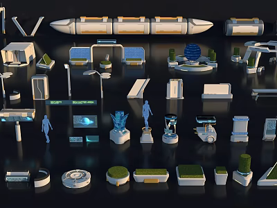 Futuristic Tech Devices And Urban Elements With Humanoid Figures And Screens 3d model