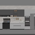 Modern Stylish Kitchenware Design With Cabinets Refrigerator Oven Countertop And Wall Tiles