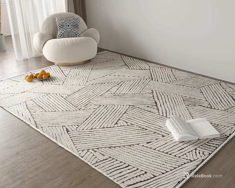 Square Rug With Geometric Patterns On Wooden Floor Near White Chair Books And Fruits 3d model 