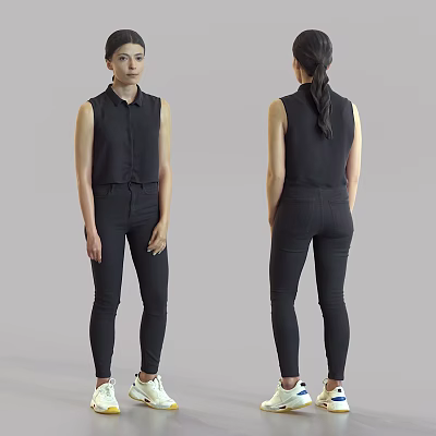 Woman In Black Sleeveless Shirt And Skinny Pants With White Shoes Front And Back View 3d model
