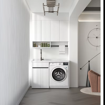 Minimalist Home Balcony Interior Design With White Cabinets Washing Machine Sink And Wall Shelf 3d model