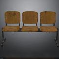 Vintage Wooden Bench With Three Seats Worn Backrests And Metal Legs
