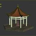 Traditional Pavilion With Red Tiled Roof Golden Spire White Pillars Wooden Base And Stone Lantern