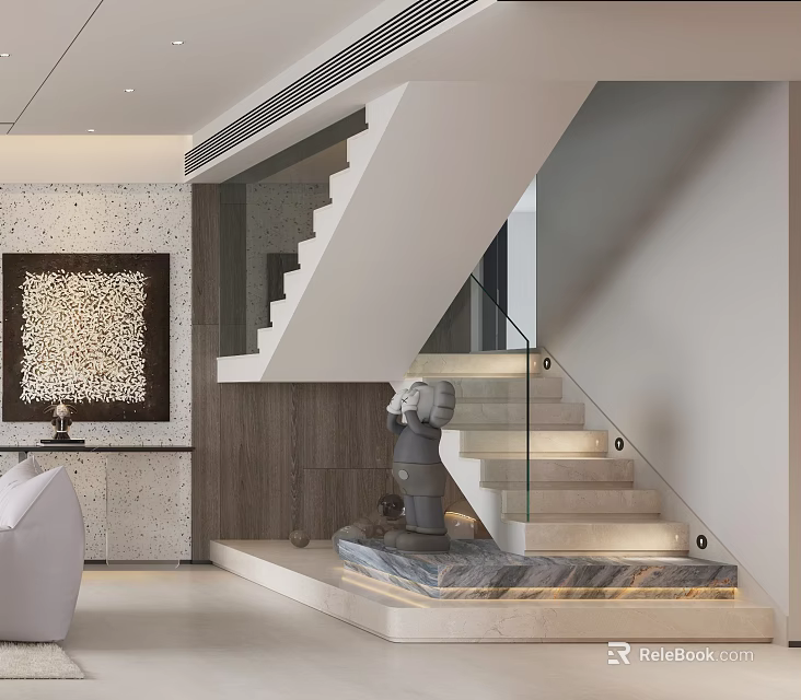 Modern Staircase Interior Design With Glass Railing Marble Steps And Decorative Art Piece 3d model 