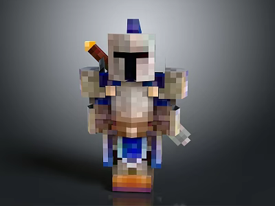 Man In Minecraft Style Knight Armor With Pixelated Design And Weapon 3d model