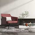 Modern Red Single Sofa with White Cushion Black Metal Base and Fireplace Green Plant