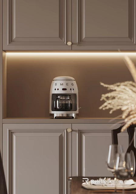 SMEG Coffee Machine On Gray Kitchen Cabinet With Warm Lighting In Modern Kitchen 3d model 