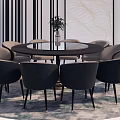 Modern Round Dining Table Set With Black Chairs Striped Wall And Marble Floor 3d model