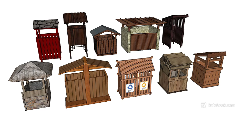 Wooden Public Facilities Featuring Various Styles Trash Bins Pavilions and Planter Boxes 3d model 
