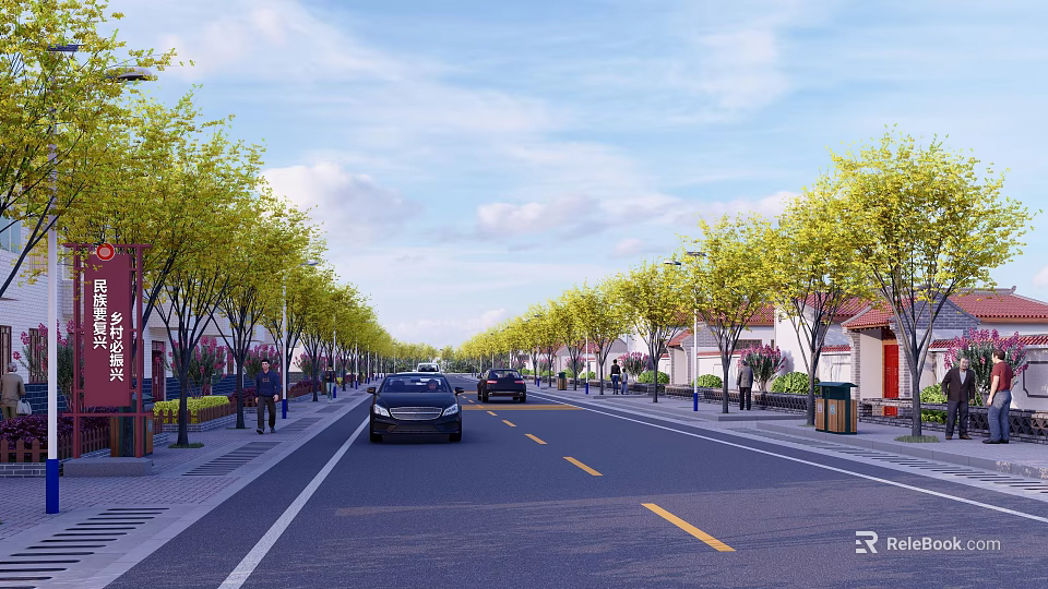 Municipal Road With Green Trees Residential Buildings And Moving Cars On Both Sides 3d model 