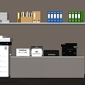 Office Appliances Setup With Printers Water Dispenser On Shelf With Colored Folders And Stacked Papers
