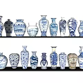 Blue and White Ceramic Vessels with Various Shapes Displayed on Shelves