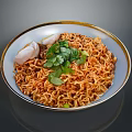 Tasty Instant Noodles In White Gold Rimmed Bowl With Chicken Slices And Fresh Coriander