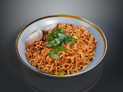 Tasty Instant Noodles In White Gold Rimmed Bowl With Chicken Slices And Fresh Coriander 3d model