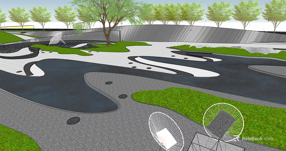Park Landscape Design With Curved Paths Green Grass Trees And Modern Seating 3d model 