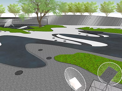 Park Landscape Design With Curved Paths Green Grass Trees And Modern Seating 3d model