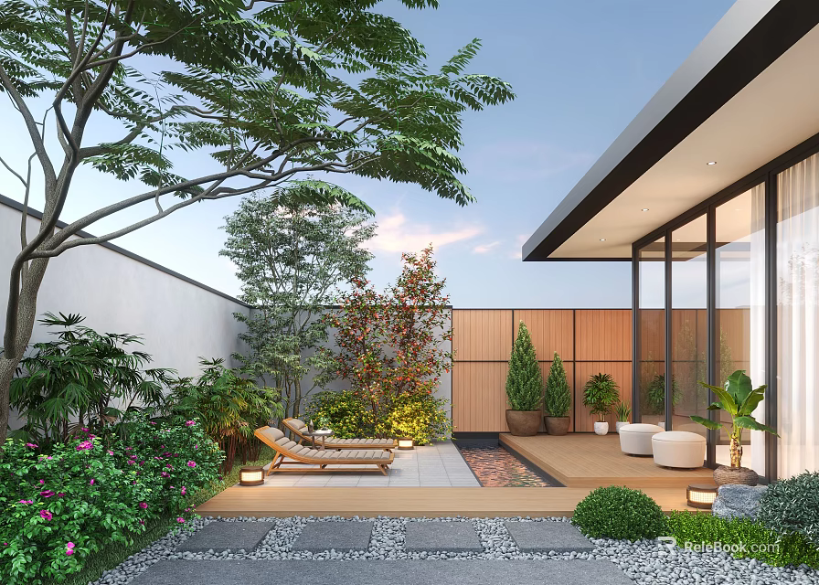Courtyard Garden Modern Design With Green Plants Lounge Chairs Stone Pavement Wooden Platform And Lighting 3d model 