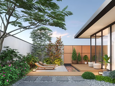 Courtyard Garden Modern Design With Green Plants Lounge Chairs Stone Pavement Wooden Platform And Lighting 3d model
