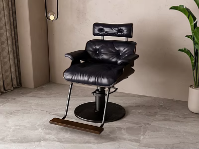 Minimalist Black Leather Armchair with Metal Frame and Wooden Footrest in Indoor Space 3d model