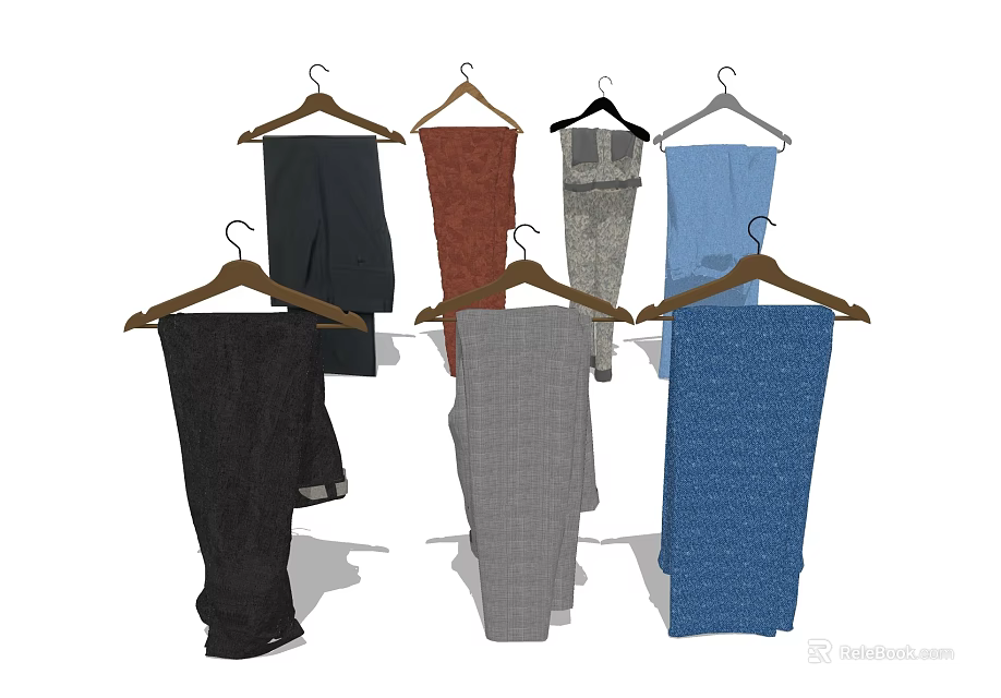 Stylish Assorted Color Pants Hanging On Wooden Hangers With Different Textures And Casual Styles 3d model 
