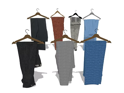 Stylish Assorted Color Pants Hanging On Wooden Hangers With Different Textures And Casual Styles 3d model