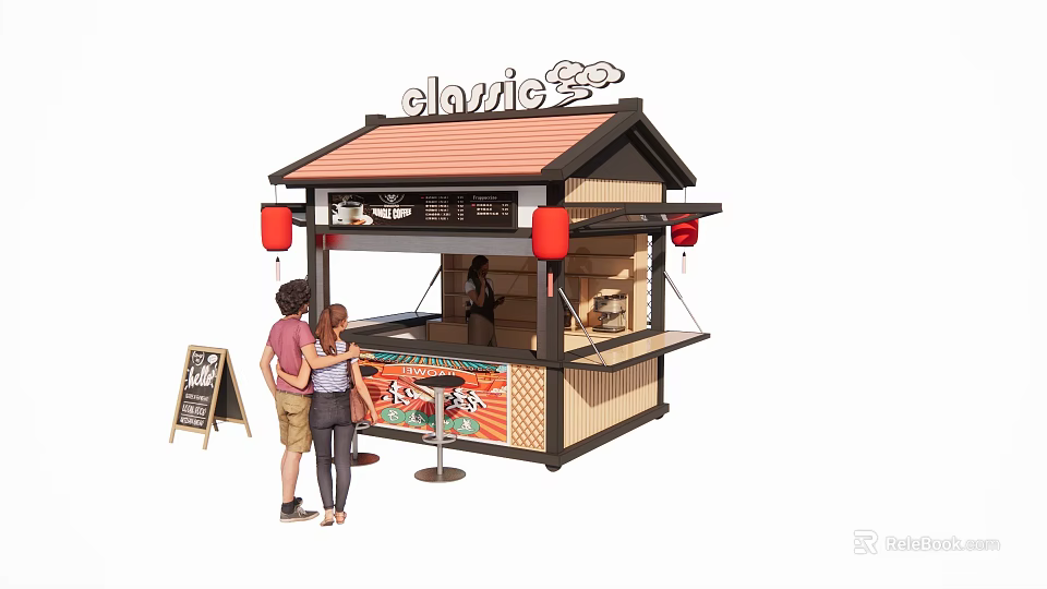 Classic Traditional Food Stall With Red Roof Red Lanterns Menu Board And Customers Ordering 3d model 