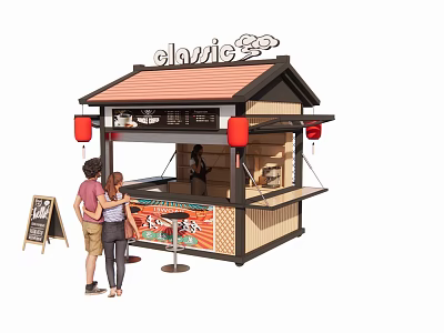 Classic Traditional Food Stall With Red Roof Red Lanterns Menu Board And Customers Ordering 3d model