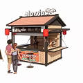 Classic Traditional Food Stall With Red Roof Red Lanterns Menu Board And Customers Ordering