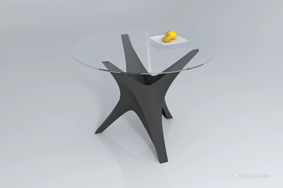 Round Glass Top Coffee Table With Black Branch Like Base And White Plate Yellow Fruit 3d model 