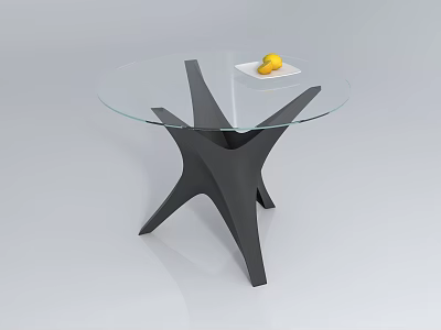 Round Glass Top Coffee Table With Black Branch Like Base And White Plate Yellow Fruit 3d model