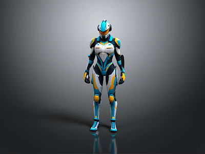 Futuristic Sci Fi Game and Movie Character in Blue White Yellow Armor with Sleek Design 3d model