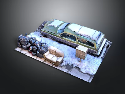 Snow Covered Car With Trash Bags Sofa And Cabinet On Snowy Ground 3d model