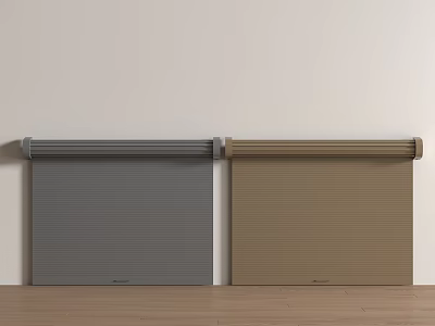 Gray And Brown Roller Blinds Installed On White Wall With Wooden Floor 3d model