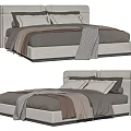 Modern Double Bed With Gray Bedding Striped Blanket And Upholstered Headboard 3d model