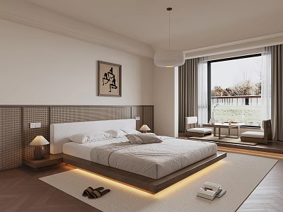 Modern Bedroom Interior Design With Floating Wooden Bed LED Lighting And Window Seating Area 3d model