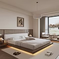 Modern Bedroom Interior Design With Floating Wooden Bed LED Lighting And Window Seating Area