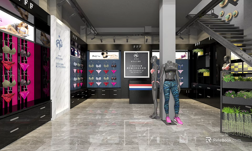 Elegant Underwear Clothing Store with Mannequins Display Area in Marble Pink Black Gray 3d model 