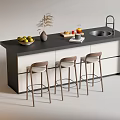 Modern Bar Countertop with Three Bar Stools Fruits Vase Sink and Faucet