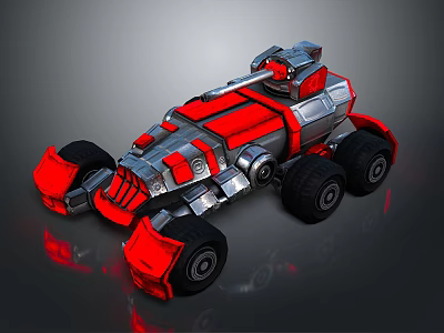 3D Model Red And Silver Armored Combat Vehicle With Large Wheels 3d model