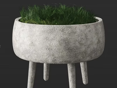 Concrete Planter With Three Legs Filled With Lush Green Grass As Decorative Garden Ornament 3d model