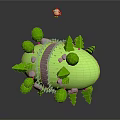 Green Landscape With Egg Shaped Landform Round Cone Trees Gray Stones And Small Yellow Object