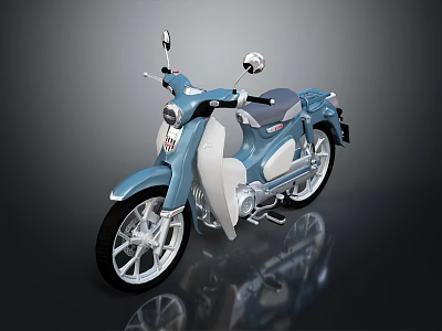Blue and White Motorcycle with Rearview Mirrors on Black Background and Reflection 3d model